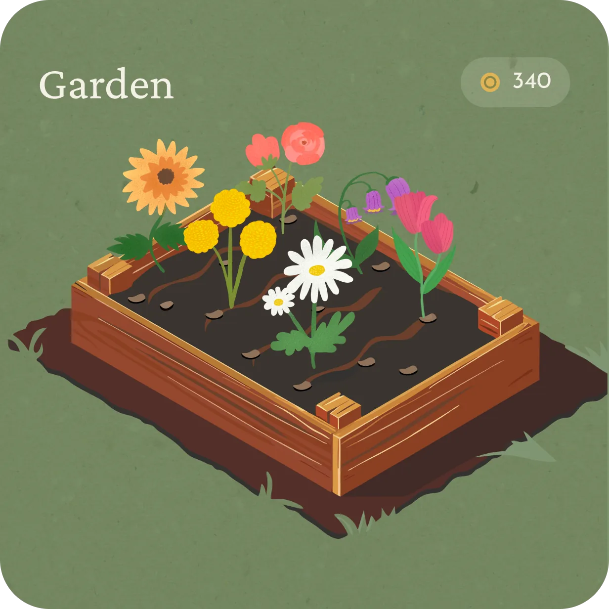 The garden bed with planted flowers