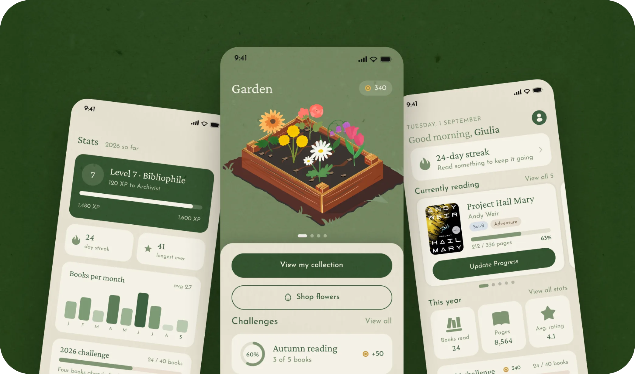 Booklings: Stats, Garden and Home screens